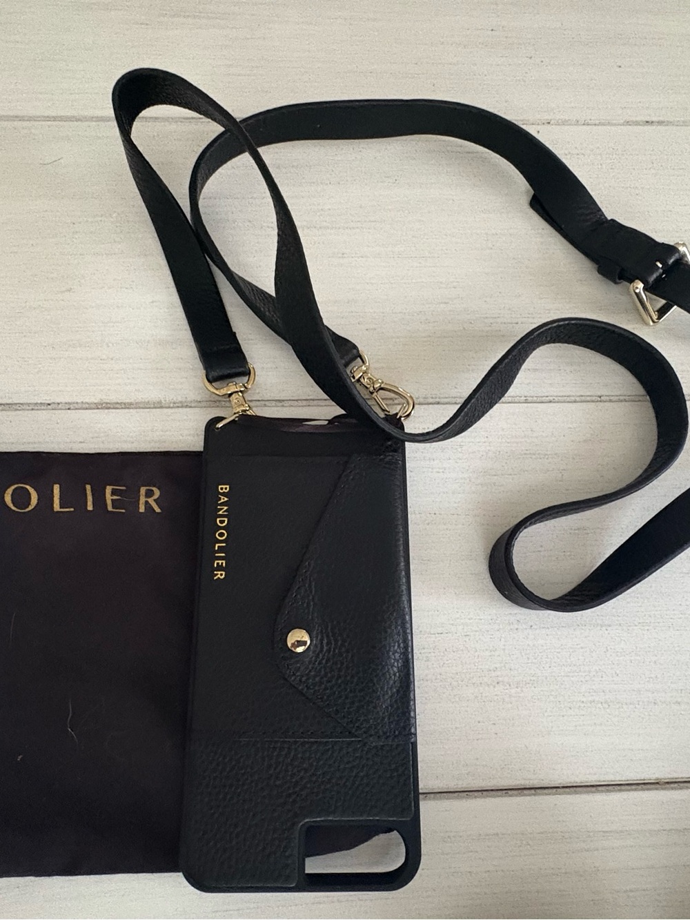 Bandolier Black Leather Crossbody Phone Wallet with Gold Hardware